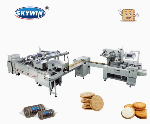 Machine &agrave; biscuits sandwich &agrave; deux voies Skywin avec machine d'emballage sur bord